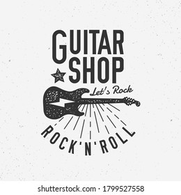 Vintage Guitar Shop logo. Music, Guitar Shop, Rock n Roll logo, label template. Vintage print for t-shirt. Retro typography. Vector illustration