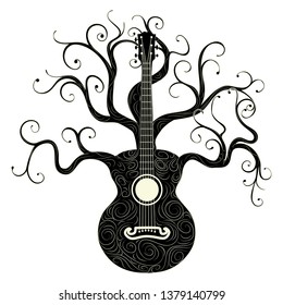 Vintage guitar silhouette with tree branches illustration.