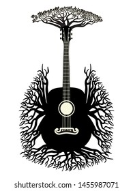 Vintage guitar silhouette with tree branches illustration.