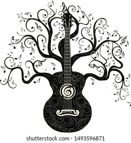 Vintage guitar silhouette with tree branches illustration.