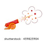 Vintage gun. Color image of medieval cannon firing on a white background. Cartoon style. 
The subject of war and aggression. Stock vector illustration