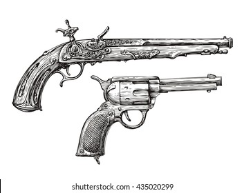 Vintage Gun. Retro Pistol, Musket. Hand-drawn sketch of a Revolver, Weapon, Firearm