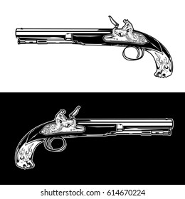 Vintage Gun. Retro Pistol, Musket. Hand-drawn Sketch Of A Revolver, Weapon, Firearm