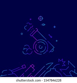 Vintage gun shot vector gradient line icon, illustration, symbol or pictogram, sign. Dark blue background. Related bottom border.