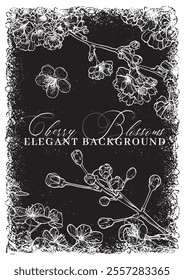 Vintage gunge A4 print design with line art cherry blossoms elegant text. Vector hand drawn outline of these beautiful spring flowers on grunge black background. 