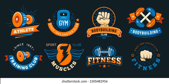 Vintage gym emblem. Athlete muscles, fitness and bodybuilding labels. Sport signs, athlete logo silhouette or fit bodybuilder retro badge. Colorful isolated vector symbols set