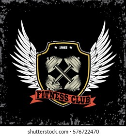 Vintage gym and fitness sport club old logo on a black background. Vector illustration.