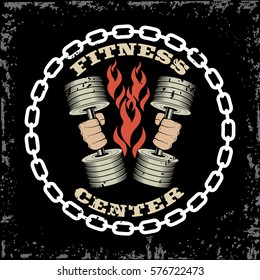 Vintage gym and fitness sport club old logo on a black background. Vector illustration.