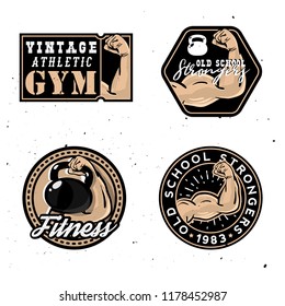Vintage gym logotypes, old school strongers signs with healthy muscle arm as a main object of label.