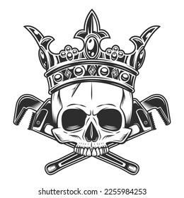 Vintage half skull in royal crown with body shop mechanic spanner repair tool or construction wrench for gas and builder plumbing pipe in monochrome style vector illustration