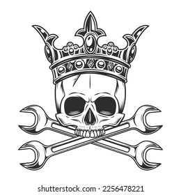 Vintage half skull in royal crown with body shop service car and truck mechanic repair tool crossed wrench or construction for gas and builder plumbing pipe spanner illustration