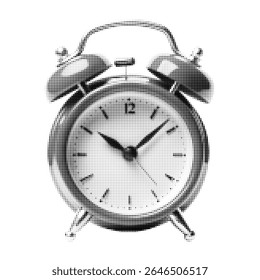 Vintage halftone alarm clock illustration in retro engraving style, black and white stippling design perfect for pop art, punk, gothic, or nostalgic collage backgrounds