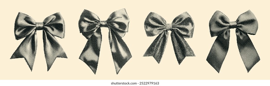 Vintage halftone bows set. Retro photocopy effect. Y2K grunge bitmap and pixel texture. Collage elements for mixed media design.