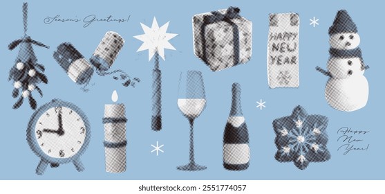 Vintage halftone Christmas collage elements set - retro parties, gifts and holiday cheer. Trendy vector collection of New Year clipping stickers. Vector dots texture.
