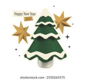 Vintage Halftone Christmas tree card with paper clipping stickers. Contemporary xmas collage in retro pop art style. Dotted texture. Vector illustration for wall art prints, blog design, stories.	