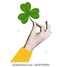 Vintage halftone collage hand holding clover leaf. Female torn out paper arm with green shamrock, luck and success symbol. Vector cartoon realistic illustration isolated. St. Patrick banner template