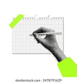 Vintage halftone collage of hand with pen. Writing on a notepad sheet, diary list. Vector illustration of planning, business, finance, banking, business presentation, marketing material.