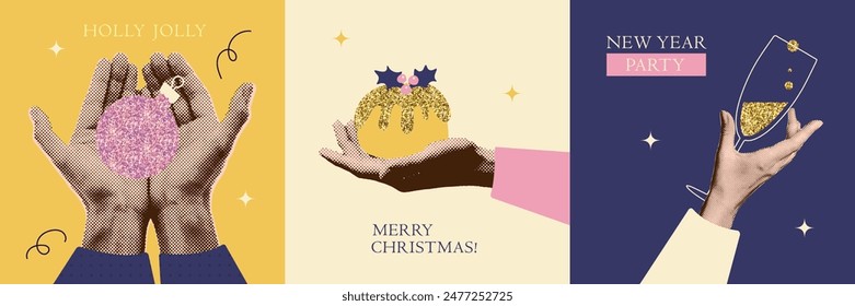 Vintage halftone collage Happy New Year and Merry Christmas card set. Glitter elements with trendy halftone hands. Vector illustration.