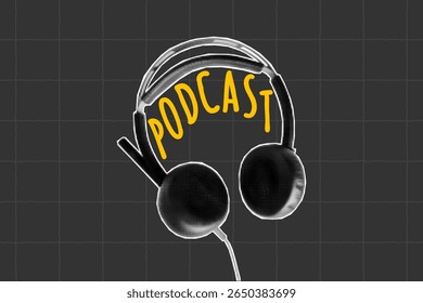 Vintage halftone collage of podcast visuals, zine cutout headphones. Bright yellow pop art doodles, punk style broadcasting, live audio and digital media layout.