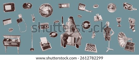 Vintage Halftone collage set retro objects: woman, vinyl record, disco ball, TV, cassette, typewriter, camera, gramophone, phone, mannequin. Isolated vector illustration retro sticker dots texture
