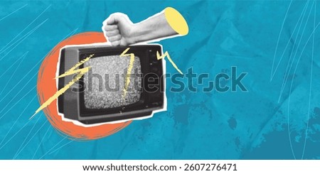 Vintage halftone collage of television receiver with grainy texture. Turn off your TV. Kill it.man's hand punching TV screen.Vector illustration isolated on transparent background