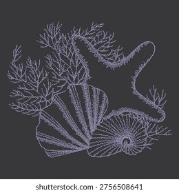 Vintage Halftone Coral and Seashell Composition, Retro Dotted Marine Life Vector Art, Stipple Effect Underwater Nature Illustration for T-shirt and Dark Aesthetic Decor Prints.