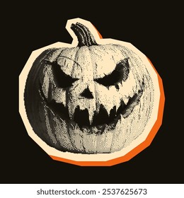 Vintage halftone creepy pumpkin. Scary photocopy effect. Grunge bitmap graphics. Perfect for Halloween designs, posters, decor and holiday materials with a spooky atmosphere.