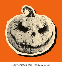 Vintage halftone creepy pumpkin. Scary photocopy effect. Grunge bitmap graphics. Perfect for Halloween designs, posters, decor and holiday materials with a spooky atmosphere.