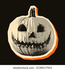 Vintage halftone creepy pumpkin. Scary photocopy effect. Grunge bitmap graphics. Perfect for Halloween designs, posters, decor and holiday materials with a spooky atmosphere.