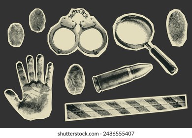 Vintage halftone of crime scene elements. Fingerprints, handcuffs, magnifying glass, bullet, handprint, and police tape. Modern Y2K mixed media. Ideal for detective, mystery, law enforcement themes.