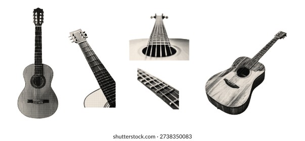 Vintage halftone guitar elements set. Grunge punk dots texture for collage art. Trendy modern retro vector illustration.