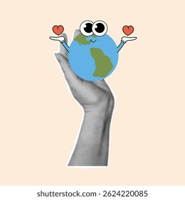 Vintage halftone hand holding cute character planet with hearts. Concept of care and love of the world. Earth day vector collage