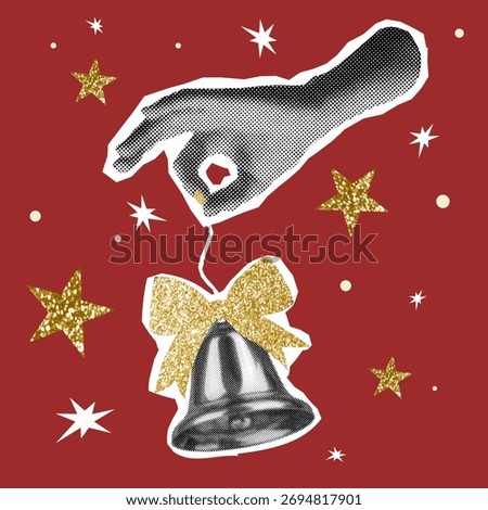 Vintage halftone hand placing a silver bell with gold bow on a red background, surrounded by festive stars. Perfect for holiday campaigns, ads, and retro-themed designs.
