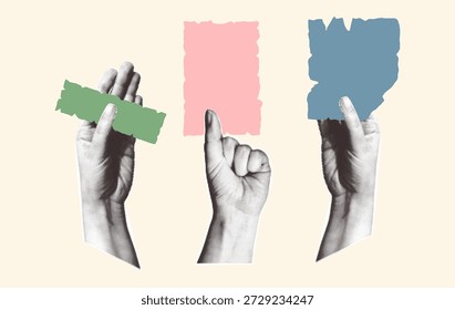 Vintage halftone hands holding empty torn paper scraps for creative design. Retro collage style vector illustration
