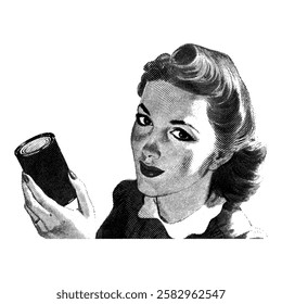 Vintage halftone illustration of a cheerful woman holding a canned product. A classic retro advertisement-style artwork, reminiscent of 1950s commercial prints.