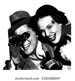 Vintage halftone illustration of a joyful couple watching an event through binoculars. A classic retro-style image capturing excitement and nostalgia in black and white engraving.