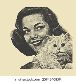 Vintage halftone illustration of a smiling woman holding a fluffy cat. Retro advertisement style, ideal for nostalgic and pet-themed designs.