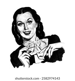 Vintage halftone illustration of a stylish woman smiling while holding a handkerchief. Retro black-and-white engraving with classic 1950s charm, elegance, and confidence, perfect for nostalgic-themed 