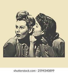 Vintage halftone illustration of two women gossiping, one whispering while the other listens with surprise.