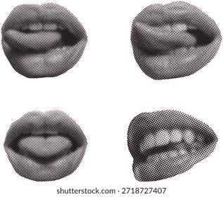 Vintage halftone lips expression set with retro pop art mouth variations, dot texture collage for graphic design