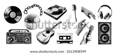 Vintage halftone music elements set. Vinyl record, cassette, speaker, radio, chain, microphone, microphone, chain, headphones. Retro vector illustration.