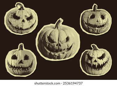 Vintage halftone pumpkins with creepy faces. Scary pop art style. Retro photocopy effect. Grunge bitmap graphics. Perfect for Halloween designs, posters, decor and spooky holiday materials.