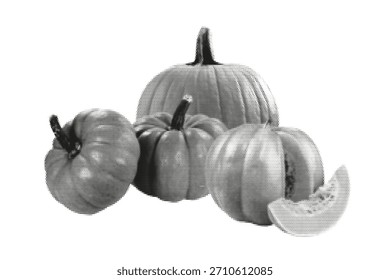 Calabazas de semitono de Antiguas con rebanada, dispuestas en estilo de cosecha de otoño. Ideal para diseños estacionales y rústicos.