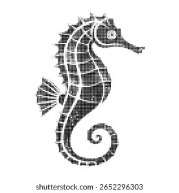 Vintage halftone seahorse vector illustration in black and white pointillism style for retro marine designs, prints, and collages