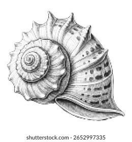 Ilustración vectorial de concha de halftone de Antiguas en estilo de punto blanco y negro para arte marino retro, diseños, collages e impresiones