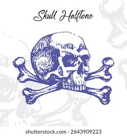 Vintage halftone skull and crossbones illustration in pop art style