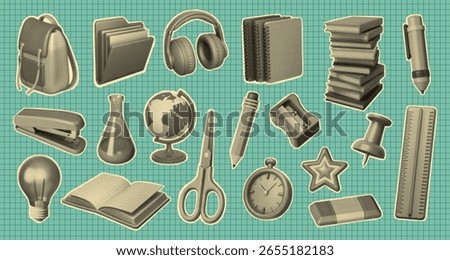Vintage halftone sticker set of school supplies. Magazine cut out style. Includes backpack, globe, scissors, books, pencil, notebooks. Perfect for retro designs, collages, or printables.