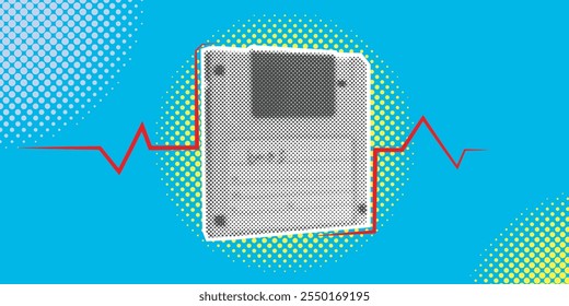 Un disquete de estilo vintage de medio tono en la vista frontal que da el ambiente de los años 80 y. Tecnología Antiguas