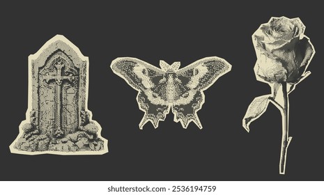 Vintage halftone style set of three gothic illustrations. Gravestone, moth, and rose. Retro photocopy effect. Perfect for tattoo design, alternative fashion, or mixed media projects.