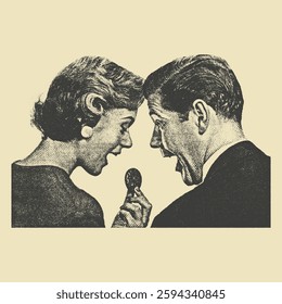  Vintage halftone-style illustration of a joyful couple admiring a candy. Perfect for nostalgic and retro advertising designs.